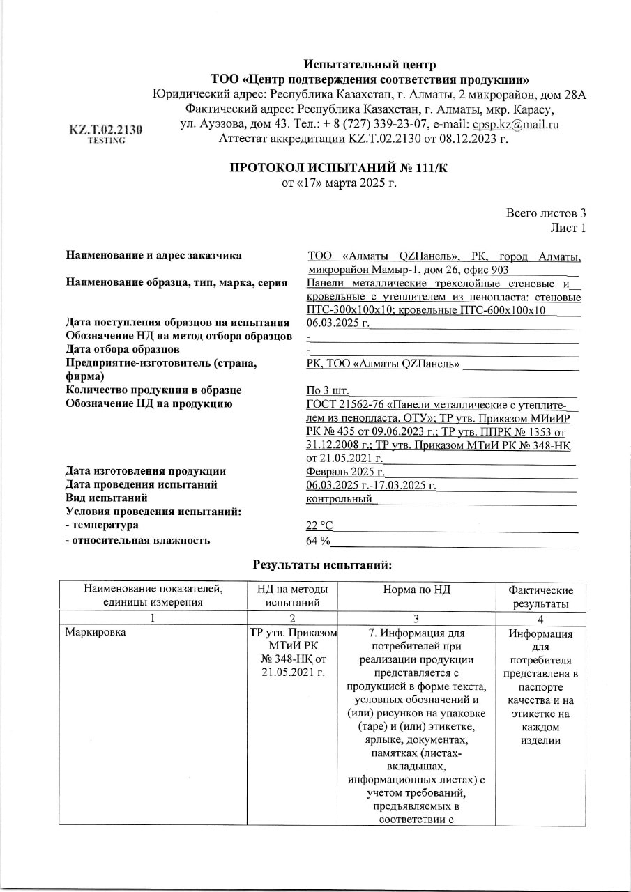 Протокол испытаний № 111/К от 17.03.2025, панели с утеплителем из пенопласта, лист 1 из 3